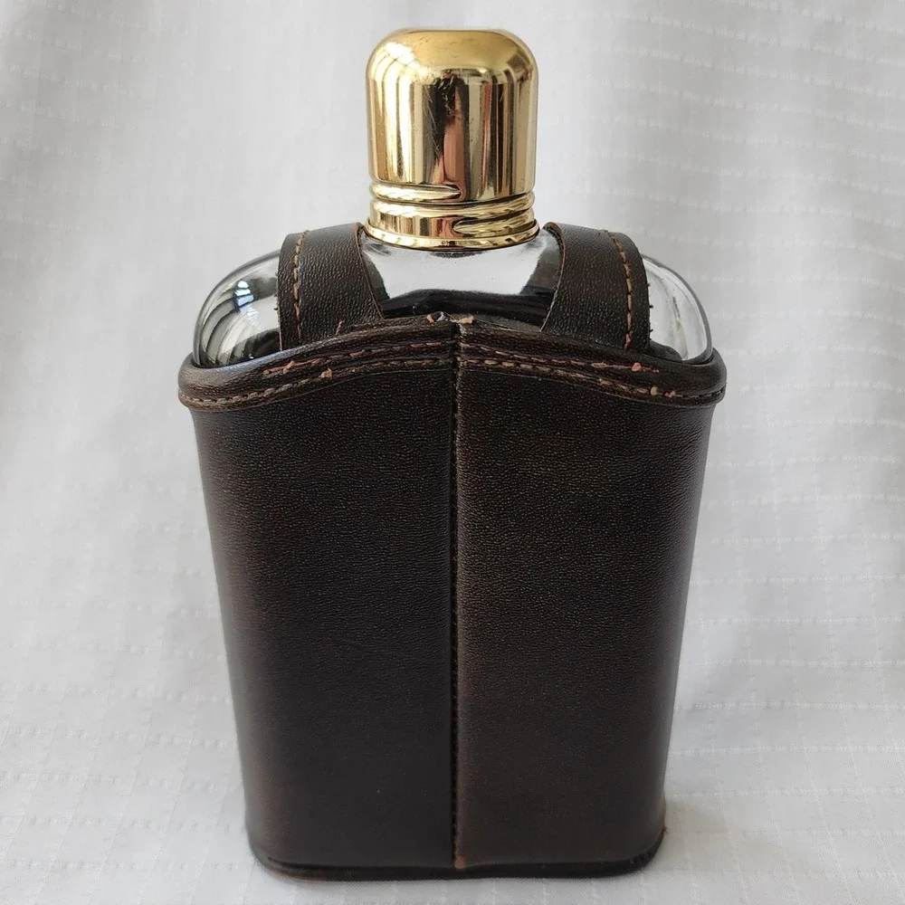 Vintage Ribbed Glass Hip Flask‎ with Two Tone Faux Leather Snap Sleeve Gold Cap